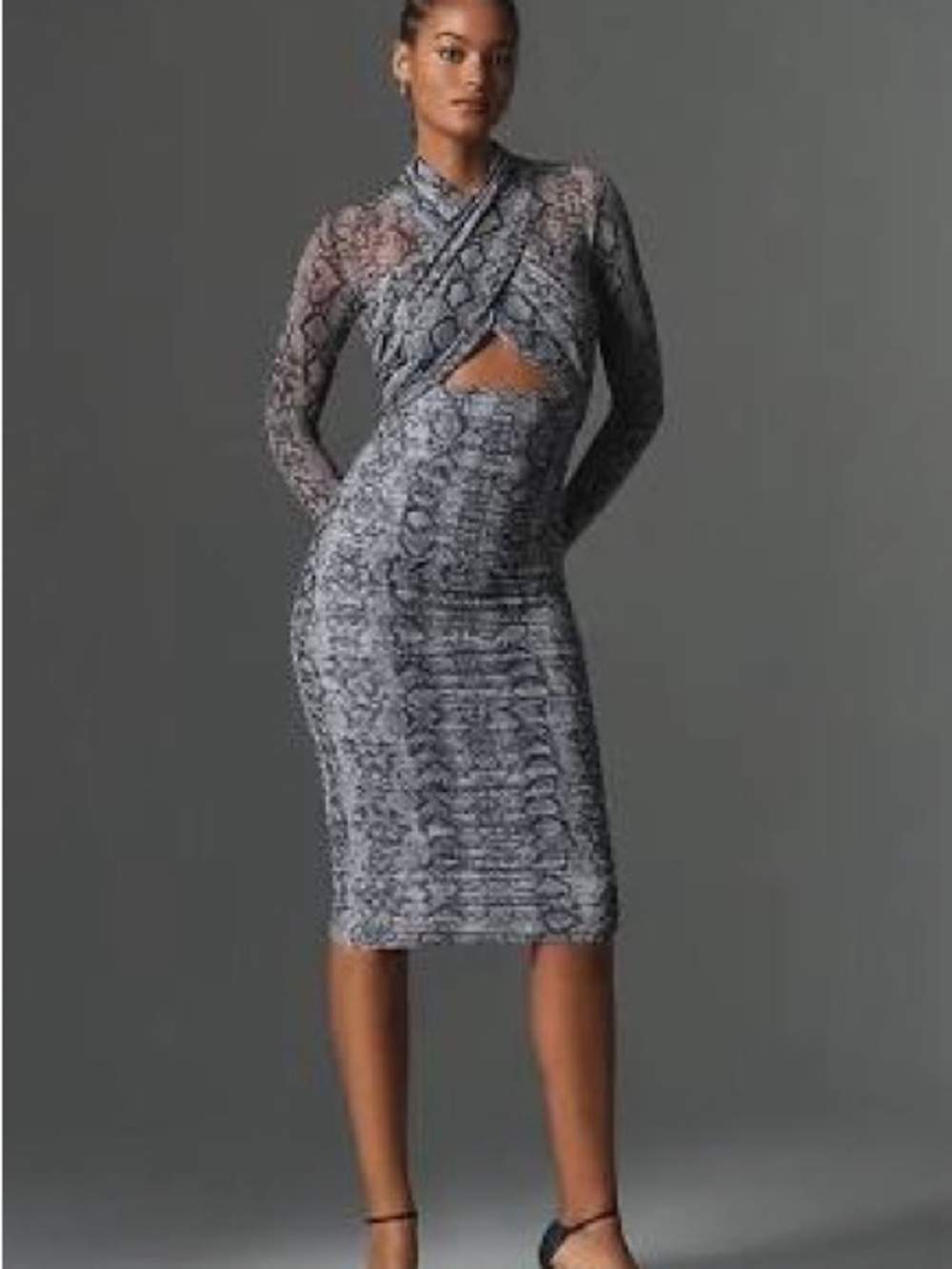 Bardot Gray Snake-Print Ruched Long Sleeve Dress
